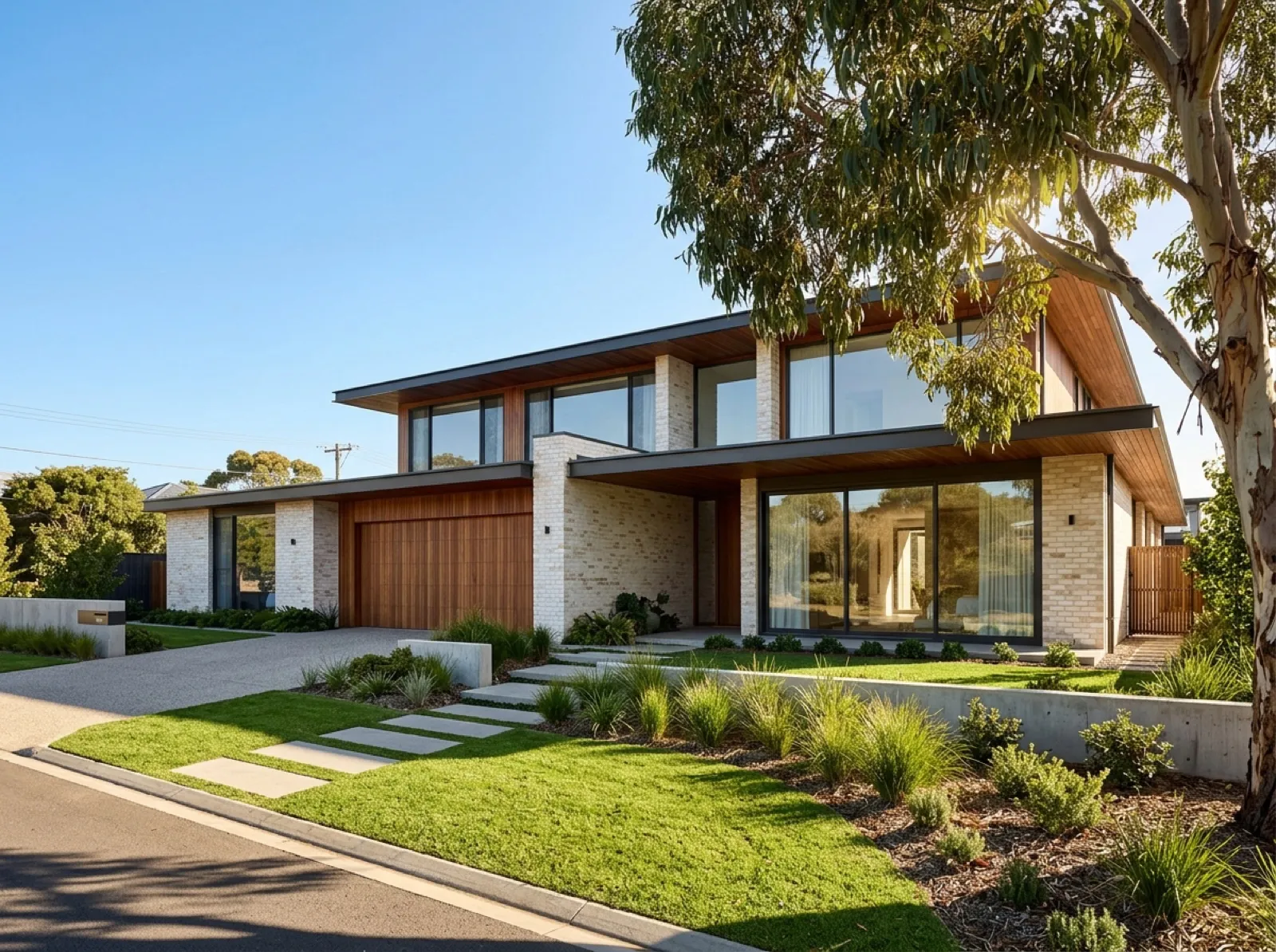 A contemporary two-storey Australian home with a native garden.